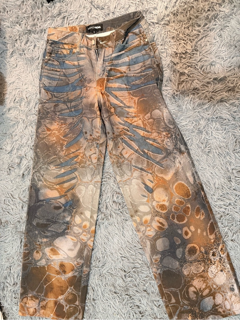 Fashion Nova Orange & Gray Tie-Dye Wide Leg Jeans